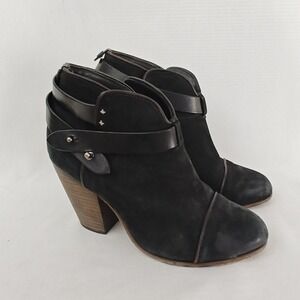 Rag & Bone Harrow Black Suede Leather Stacked Heeled Ankle Strap Bootie size 37